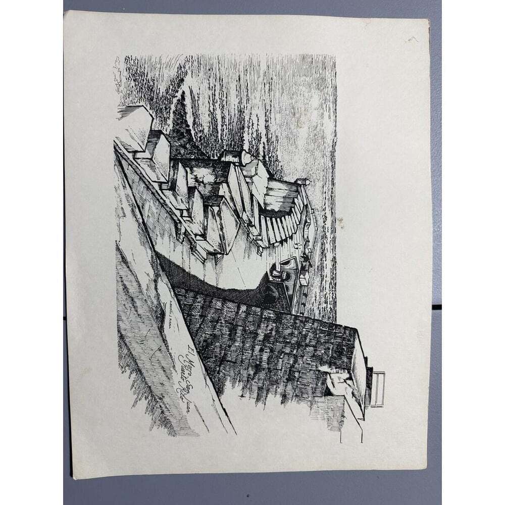 Vintage Coastal Etching Seaside Steps Print Black White Ink on Paper Unframed